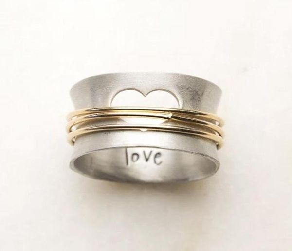 Love Heart Hollow Copper Rings Two Tone Gold Silver Color Fashion Ed Cross Winding Abertura da banda de casamento Jóias de casamento Greamão7480894