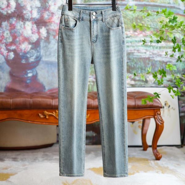 Jeans femininos temperamento duplo botão de cintura cigarro cigarro fêmea comutando versátil 2024 Summer Slim Washed Pants Roupas