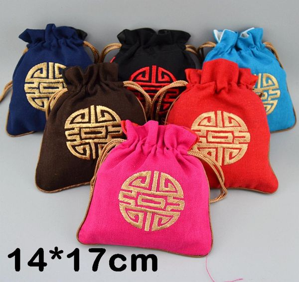 14x17 cm bordados bolsas de lençóis de linhagem de linho de linho bordados Bolsa de armazenamento de joias de estilo chinês Sacos de embalagem de chá de chá 50pcsl5944164