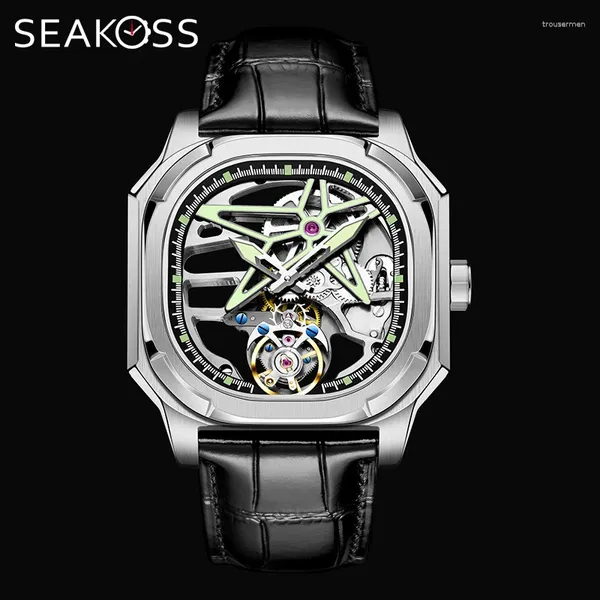 Наручительные часы Seakoss Super Punk Skeleton Tourbillon Watch Men Octagon Square Ручной нависывание сапфир 1963 Механические часы 7052G светящиеся