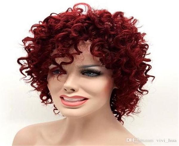 Saç Modeli Afro Kinky Kıvırcık Kısa Peruk Siyah Kadınlar İçin Kısa Peruk 15 İnç Şarap Kırmızı Sentetik Saç Pelucas Perruque Afro Per7565645