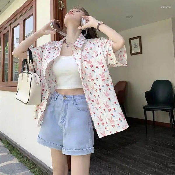 Frauenblusen japanischer Hongkong Style Chic Full Print Kurzärmeligblumshemd für Männer und Frauen in der Sommer süße Top Jacke 2024