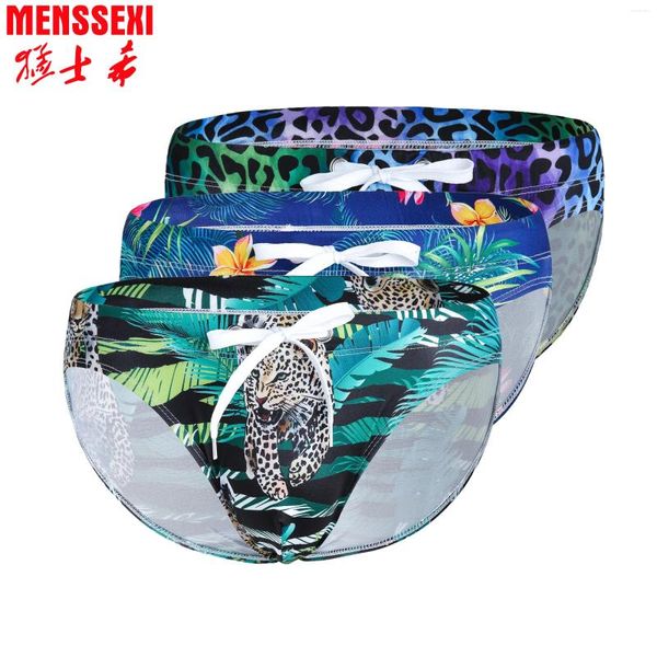 Underpants 3pcs/lotto di alta qualità 2024 Swimwear Sunga Masculin Men Swim Briefs Floral Stampa di rigonfiamento gay Swimsuit Swimsuit Sexy Bash Rise Animal