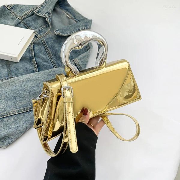 Totes bolsa de ombro de couro com patente brilhante para mulheres de luxo prata pequena bolsa 2024 Verão versátil crossbody Telefone ouro
