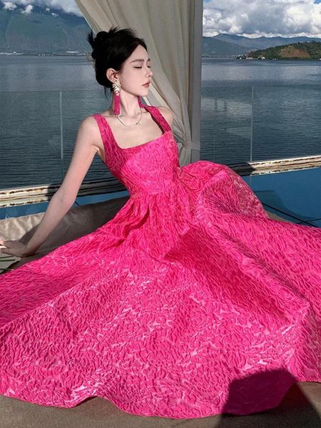 Vestidos casuais verão mulheres francesas rosa vermelho elegante jacquard festas de noite quadrada pescoço sem costas Princesa Vestido longo