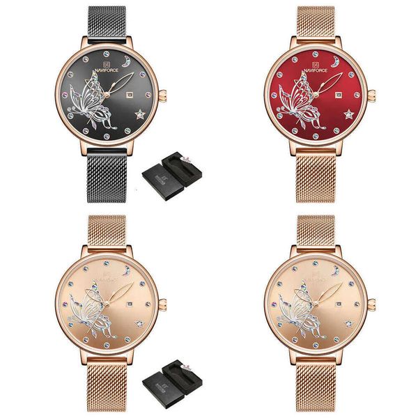 Naviforce Women Watches Brand Butterfly Watch Fashion Quartz Mesh Mesh Aço inoxidável Presente à prova d'água RELOJ MUJE V289E