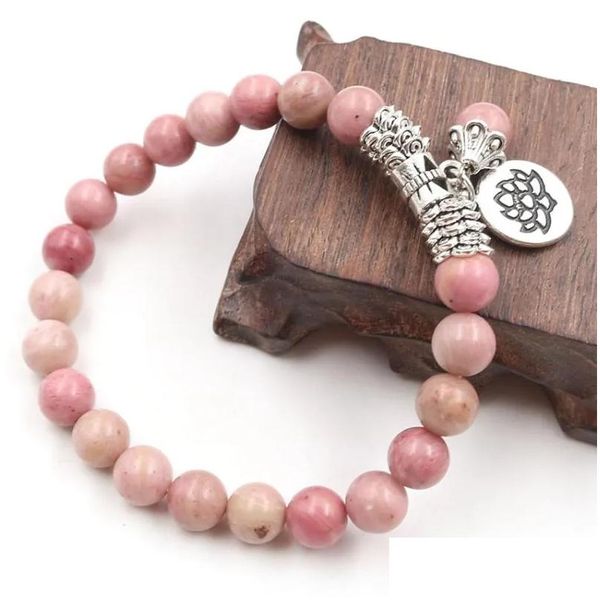 Straso di perline XSM 8mm Rhodonite Naturale perline bracciale Loto Flower Tree of Life Meditation Preghiera Rosario Braccialetti Stone Braccialetti Jewe Dhwfe