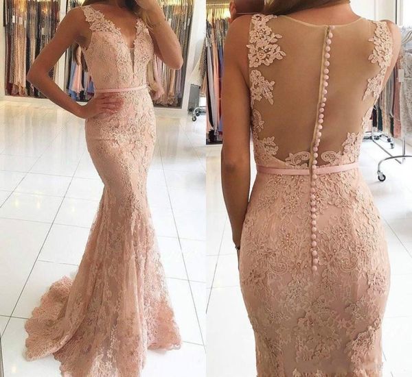 Perfect Vneck Mermaid Evening Dresses Illusion Sheer Lace Applique Vestidos de Festa Party Prom Prom delle celebrità del concorso formale Go8075393