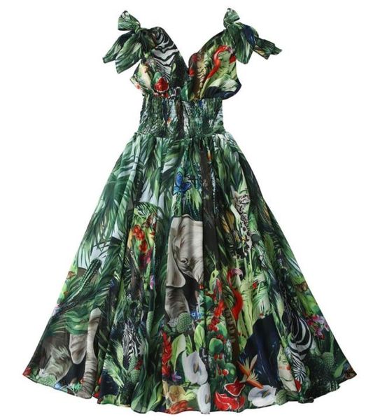 Runway Forest Animal Stampa verde Maxi Dress Summer Women039s COP TEAP CINTURA VINECK Elastico in chiffon abito lungo 20229700102