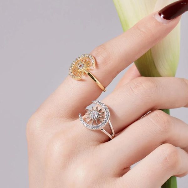 Clusterringe S925 Sterling Silver Ring Women's Micro Set Zircon Sun Moon Design hochwertig Open Instagram Style
