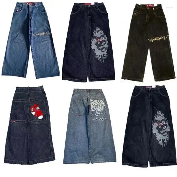 Erkek Jnco Jean Streetwear Hip Hop Karikatür Grafik Baskı Vintage Bolgy Siyah Pantolon Erkek Kadın Yüksek Bel Geniş Bacak Pantolon