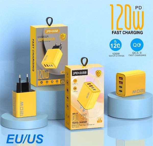 Heißverkäufe 120W Bumblebee Super Fast Lading KO-71 2PD+2USB Ladekanal für Laptops Tablets Mobilephones Reise Wand EU/US-Plug-Ladegerät mit Einzelhandelskasten