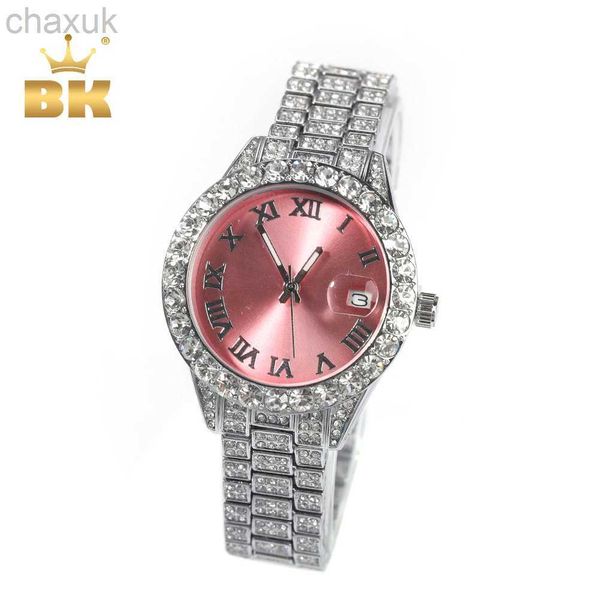 Начатые часы The Bling King Womens Watch Baby Pink Dial Iced out Quartz Clock Luxury Atrystone Водонепроницаемое запястье для женщин D240417