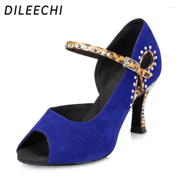 Tanzschuhe Dileechi Blue Velvet Latin Latin mit 7,5 cm Ballroom Dancing Women's Strass Stones Party Square