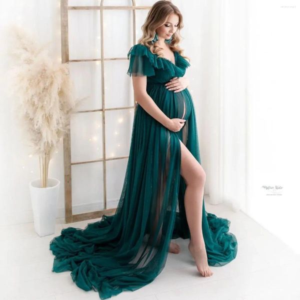 Partykleider eleganter grüner Abschlussball für schwangere Frauen eine Linie Rüsche gegen Neck -Pofro -Dressingkleid Babyparty Vestidos