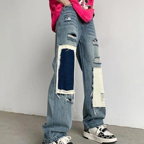 Herren Jeans West American Vibe Pants High Street Fashion Design Sense Patchwork zerrissener Sommer Bettler