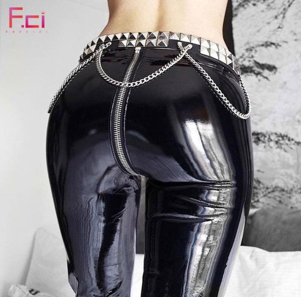 Freicici Women Sexy Shiny Shiny Leather Leggings com zíper traseiro Push up calças de couro falsamente