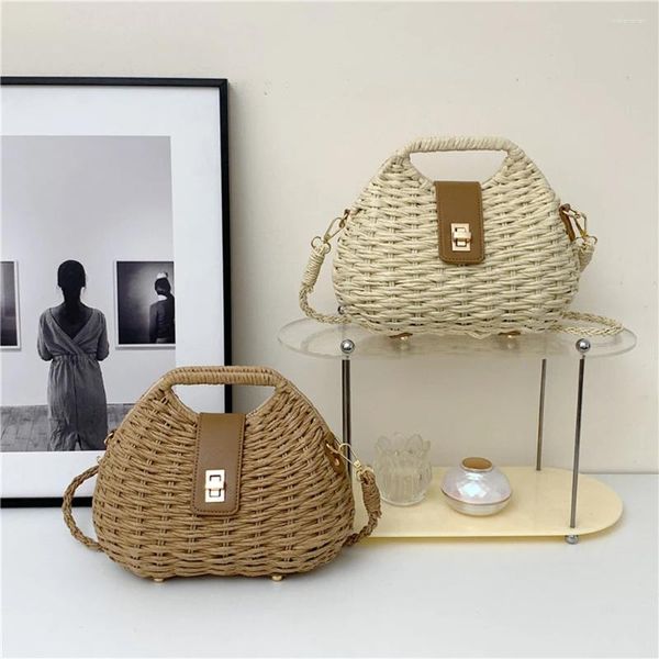 Totes Mulheres que tecem Messenger Bag de grande capacidade Rattan tecido de palha, embreagem leve para o deslocamento de compras