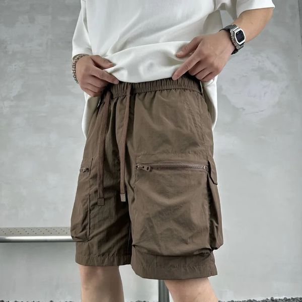 Erkekler için büyük cep iş kıyafeti şortları yaz nefes alabilen hızlı kurutma gündelik capris sokak kıyafeti düz renkli kargo kısa pantolon 240412