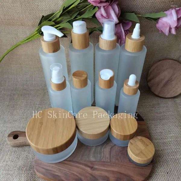 Speicherflaschen Großhandel 30ml-150ml Frosted Clear Glass Cosmetic Toner Tropper Flaschenglas mit Schrauben Bambus Deckel Hautpflegebehälter