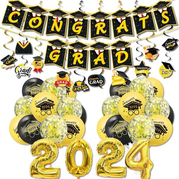Party -Dekoration 2024 Abschlussdekorationen Schwarz Gold Glückwunsch Banner Hängende Wirbelsfolienballons für Aktivität für Aktivität