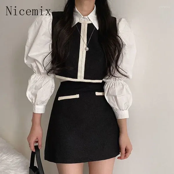 Arbeitskleider Frühling Korean Chic Vintage Polo Hals Weiß Langarm Shirt Kontrast Weste hoher Taille Kurzrock dreiteils Set für Frauen