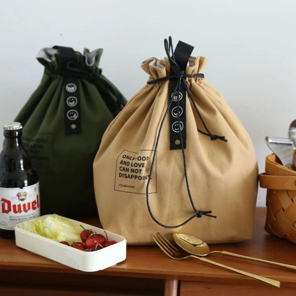 Aufbewahrungstaschen Japanischer Stil Einfacher Kordelstring Isoliertes Lunchbeutel Industrielle Leinwand Picknicktisch Thermis Isolierung Outdoor Picknicks Bento