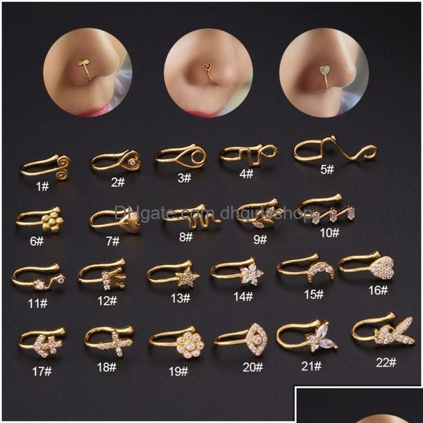 Nasenringe Stollen Nasenringe Stollen Gold gefälschter Piercing Clip Ring -Manschettenkörperschmuck für Frauen Neue Trend Ohrmanschette Herzkreuz Blumen 2 Dhqok