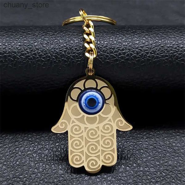 Keychains Bedanyards Hand of Fatima Turkish Evil Blue Eye Key Chain para homens homens aço inoxidável cor de ouro Hamsa Palm Keychain Jóias K1139S01 Y240417