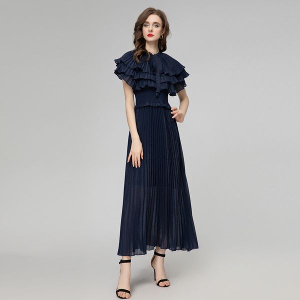 Designer elegante Umhanghülle Faltenkleider für Frauen 2024 Landebahn Sommer Fashion Elastic Taille Langes Party Abendkleid Blau Red Vestidos