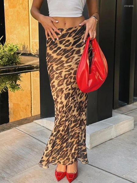 Saias impressas leopardo veja através de chiffon mulheres saia alta cintura longa fêmea de verão skinny elegante partido de praia 2024