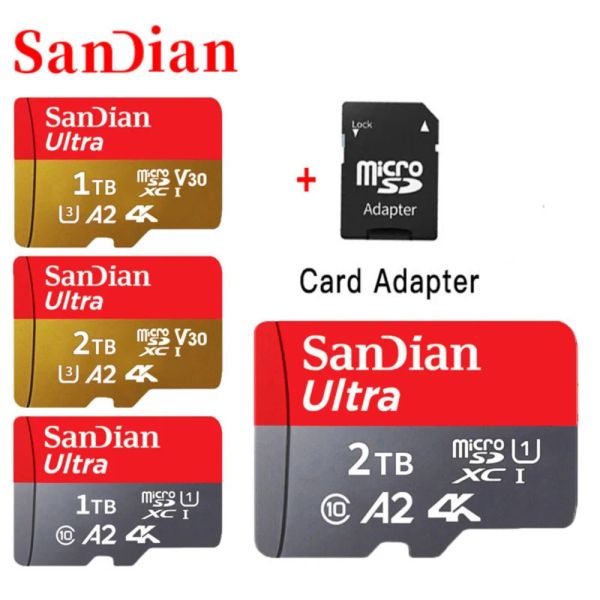 Карты Sandian Оригинал 1 ТБ Micro TF SD -карта Flash Class 10 SD -карта 2 ТБ карта памяти карты памяти для телефона/камеры/MP3/MP4 Высокая скорость