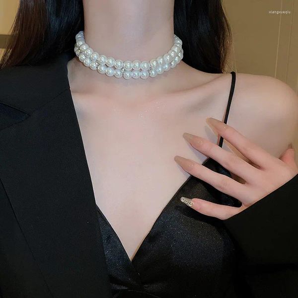 Choker Doppelreihen Strass -Perlen Halskette für Frauen modischer einfacher Partyschmuck