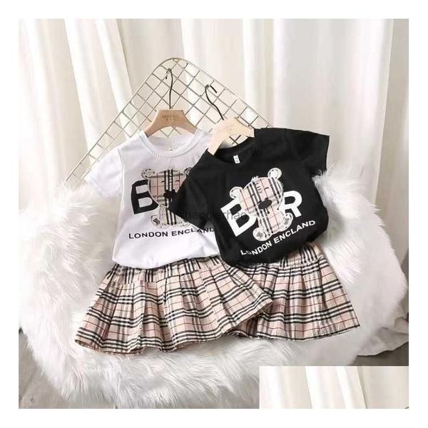 Roupas Conjuntos de roupas Girls Girls de verão Manga curta Top camiseta Plaid Saias crianças Roupas de bebê Conjunto de 2pcs Drop Drop Maternity DHN6K