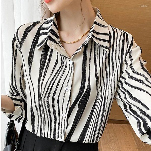 Blouses feminina Mulheres tops e camisas de chiffon de blusa impressam fêmeas de manga longa listradas botão de moda elegante