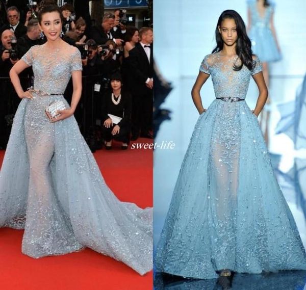 2019 sexy Li Bingbing in Zuhair Murad roten Teppichkleider bloße Nackenjuwelen Applique Spitze Dichter Kurzarmabend Abend Berühmtheit G1725617