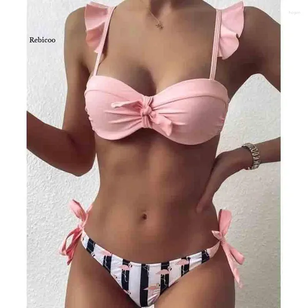 Frauen Badebekleidung gestreifter Druck Rüsche Push Up Frauen Schlinge Bandeau Badeanzug weiblicher BH Cup Bikini Set High Cut Badeanzug