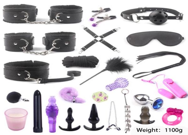 Massaggio 25pcs sexy bdsm bondage set bavaglio manette frustano le corde bendate per capezzolo per donna giocattoli sexy per coppie schiavo adulto G4644170