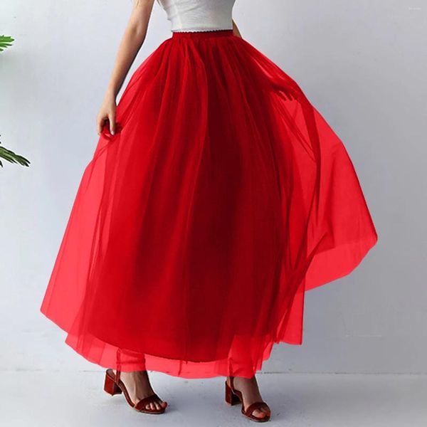 Etekler Zarif Kadın Etek Düz Renk Tül Tül Pileli Uzun Akışlı Maxi A-Line Dans Partisi Elbise Kadın Giysileri