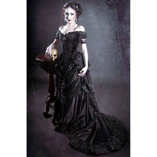 Abend Schwarz Vintage Victorian Trubel Kleider Gothic Special Ocn Tragen Sie Court Train vor Schulter Korsett Klassische Prom Partykleider Mitte gemacht