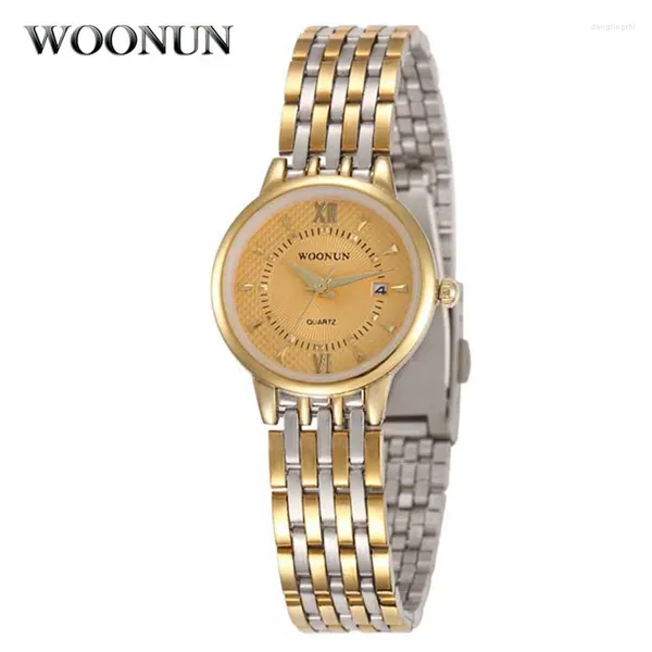 Armbanduhr Woonun Top Gold Damen Uhren runden Frauen kleines Edelstahl Quarz freies Schiffsarmband