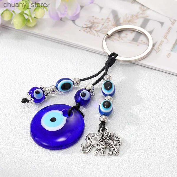 Keychains Bedanyards redondo azul mal maly Eyephant Keyring para homens para homens Mulheres Trendy Vintage Glass Turkish Lucky Eye Tassel Bag Car Jóias Y240417