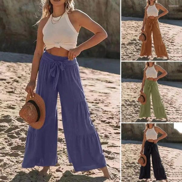 Calça feminina calça de perna largura de pernas largas nó arco plissado de verão pura cor casual cintura longa pantalon fêmea nabo feminino