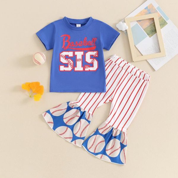 Giyim Setleri Citgeesummer Çocuk Bebek Kız Kıyafetleri Beyzbol Mektubu Baskı Kısa Kollu Tişört ve Elastik Çizgili Flare Pantolon Sevimli Giysiler
