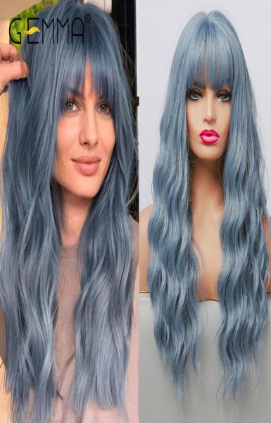 Hairsynthetic Gemma Long Water Wave Blue Высокая температура чернокожие белые женщины афро -косплей Ежедневно синтетические волосы с челкой 4977617