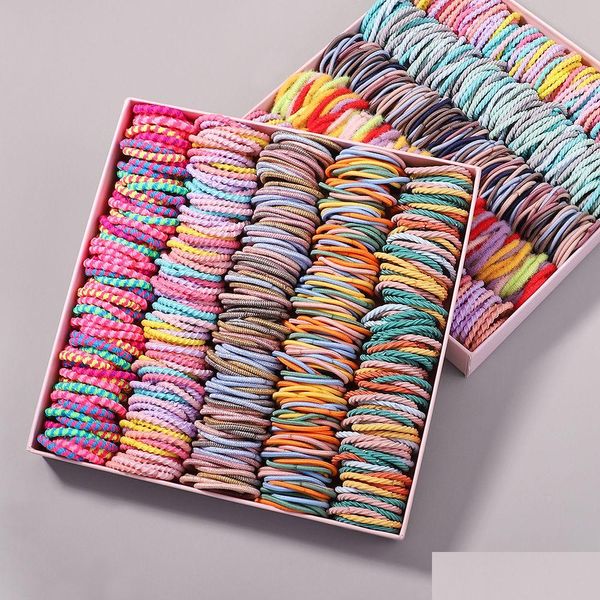 Haargummi -Bänder 100pcs/Los Mädchen Süßigkeiten Farbe Elastizität Band Kinder Baby Stirnband Scrunchie Kinderzubehör fallen liefert Schmuck Haar DHFUA