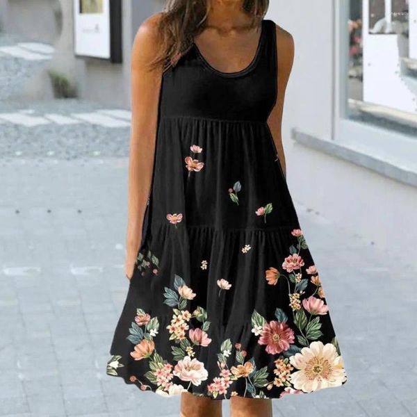 Abiti casual Donne abiti estivi Flower Stampa senza maniche orli sciolti di abiti midi vintage