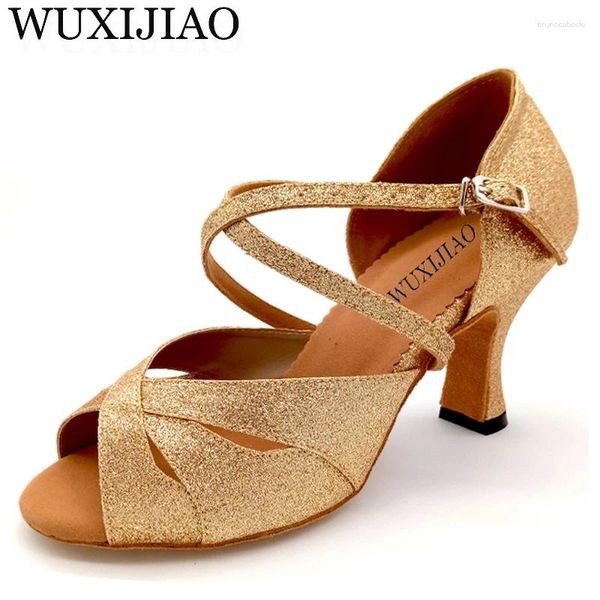 Sapatos de dança Wuxijiao salsa Latin Woman Glitter e Pu Golden for Women Ladies Party Ballroom