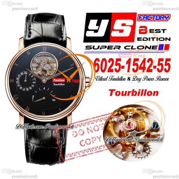 VILERET Echtes Tourbillon Hand Weding Mens Watch YSF V3 Power Reserve Mechanical 6025-3642-55b Roségold Schwarzes Zifferblatt Römisch Lederband Super Edition Rein Edition