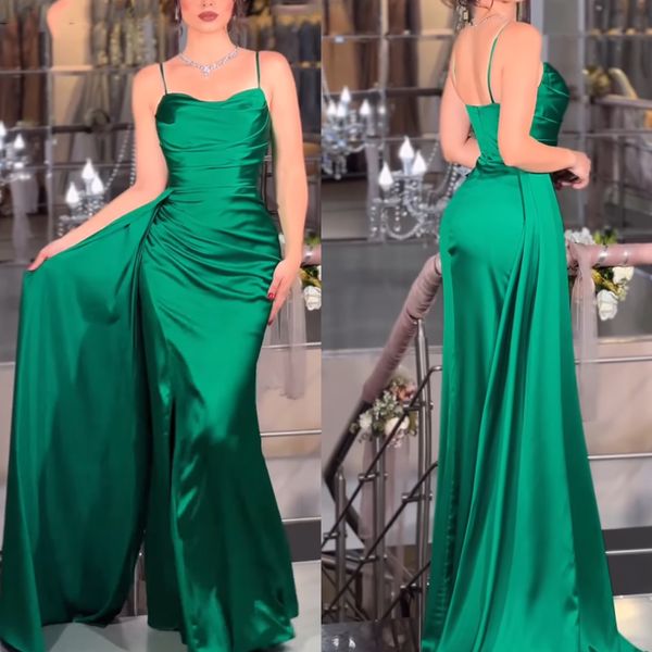 Spaghetti -Träger Abendkleid Meerjungfrau Langes Emerald Green Satin Formal Party Prom Kleid für Frauen